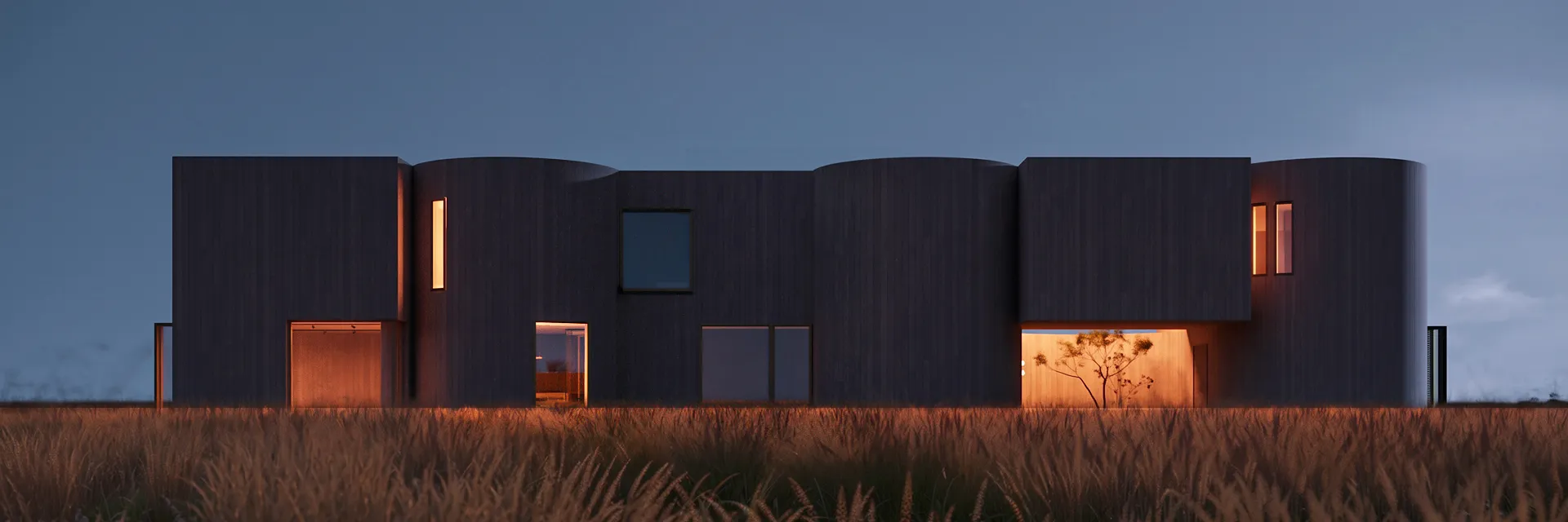 The dark house at dusk, lit openings