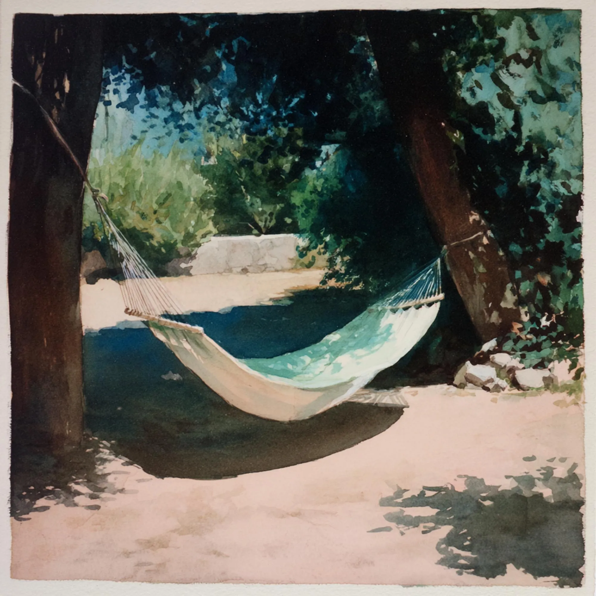 Watercolour of a hammock between two trees