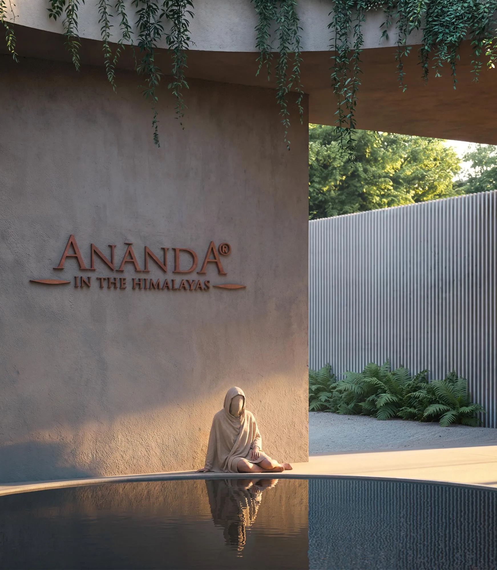 The Ananda sign on the earthen wall, a figure by the water