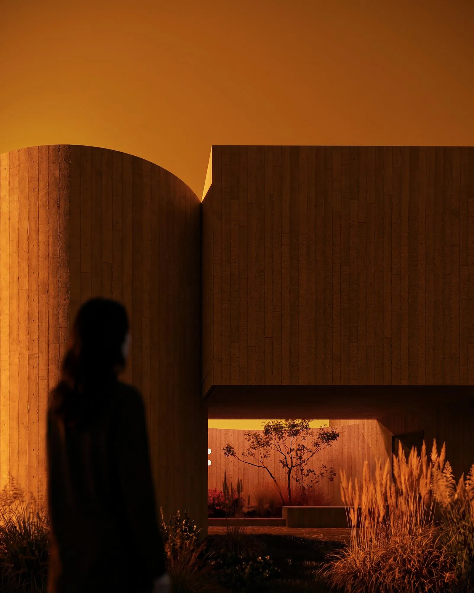 Figure silhouetted in warm light through the opening