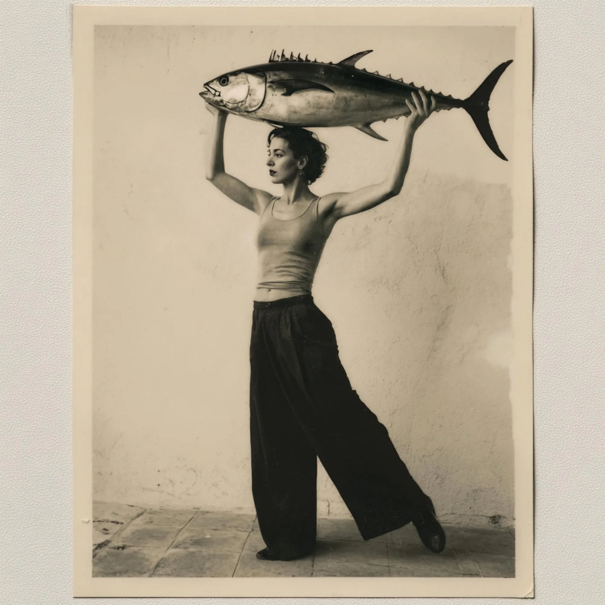 Figure carrying a fish on the head, black and white