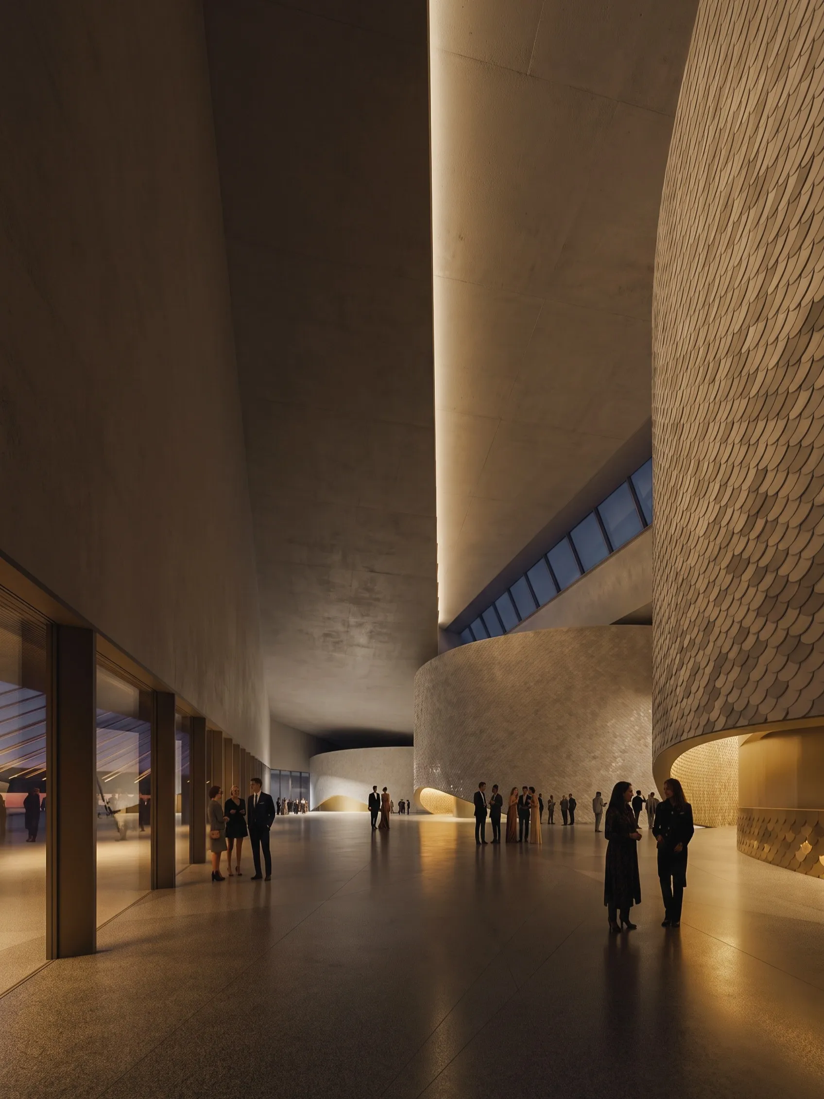 Warm interior hall with people and brick walls