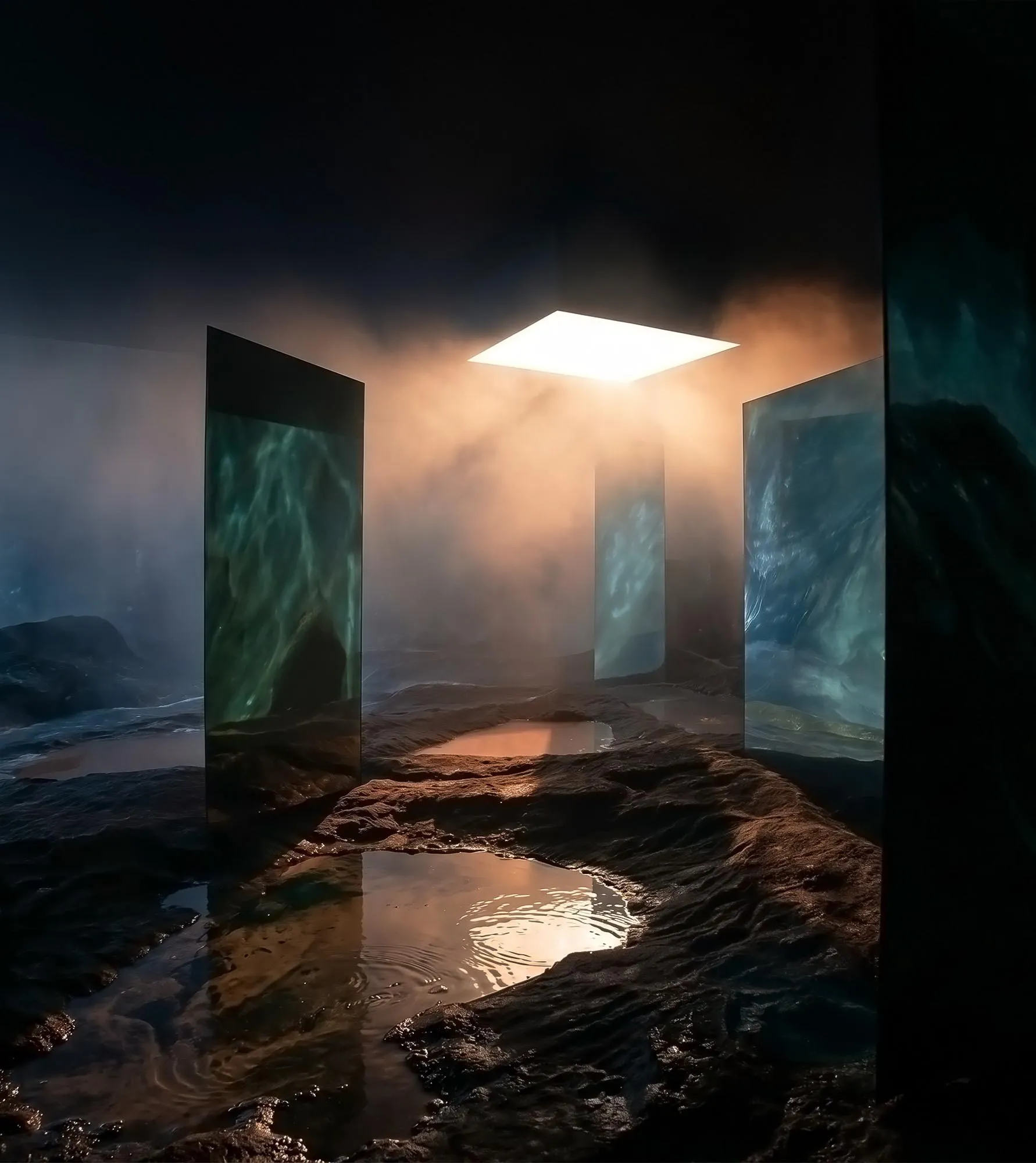 The blue-lit pool chamber