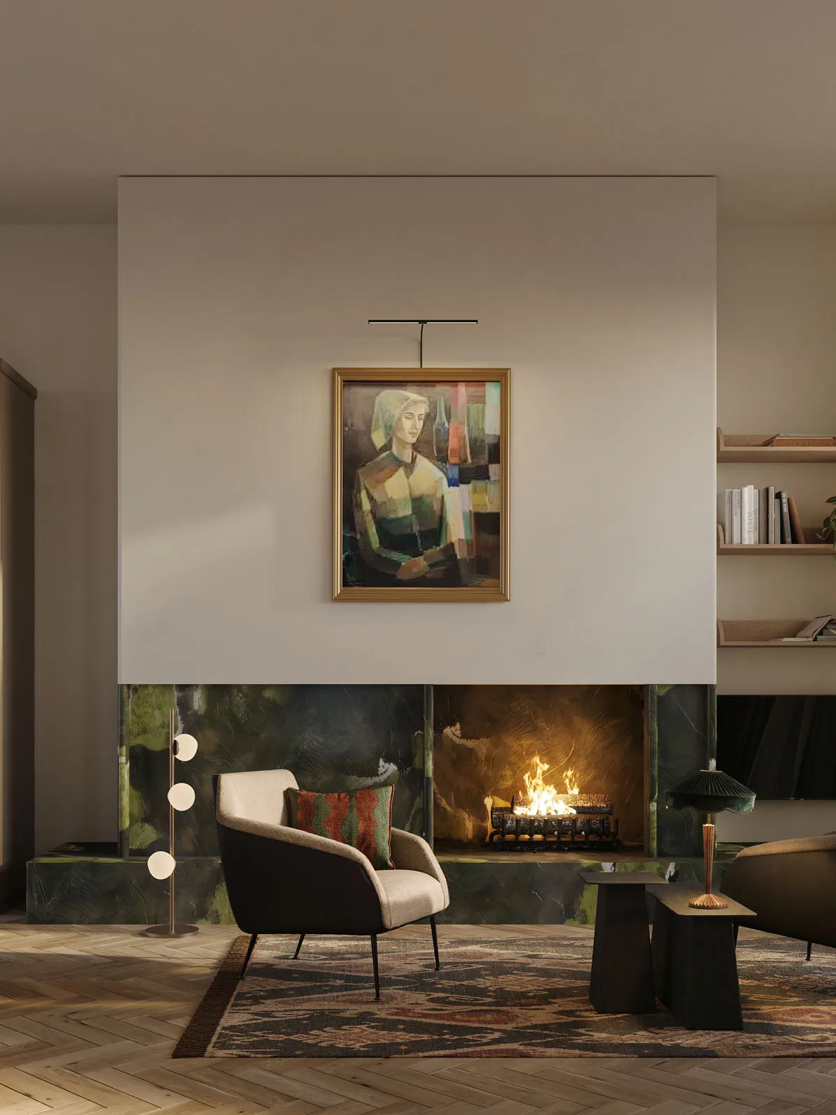 Living room with a fireplace and a portrait