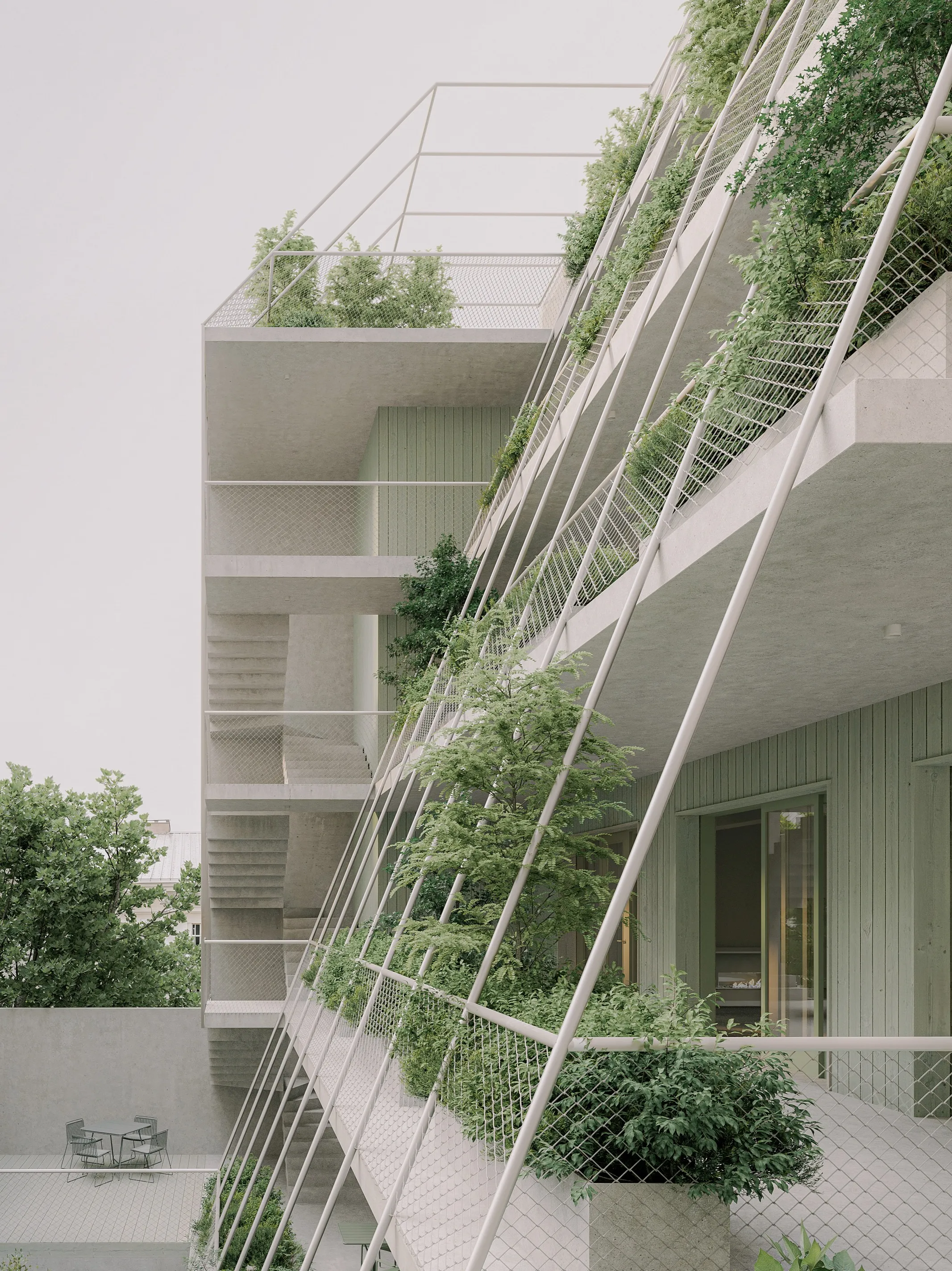 Facade with a planted metal trellis