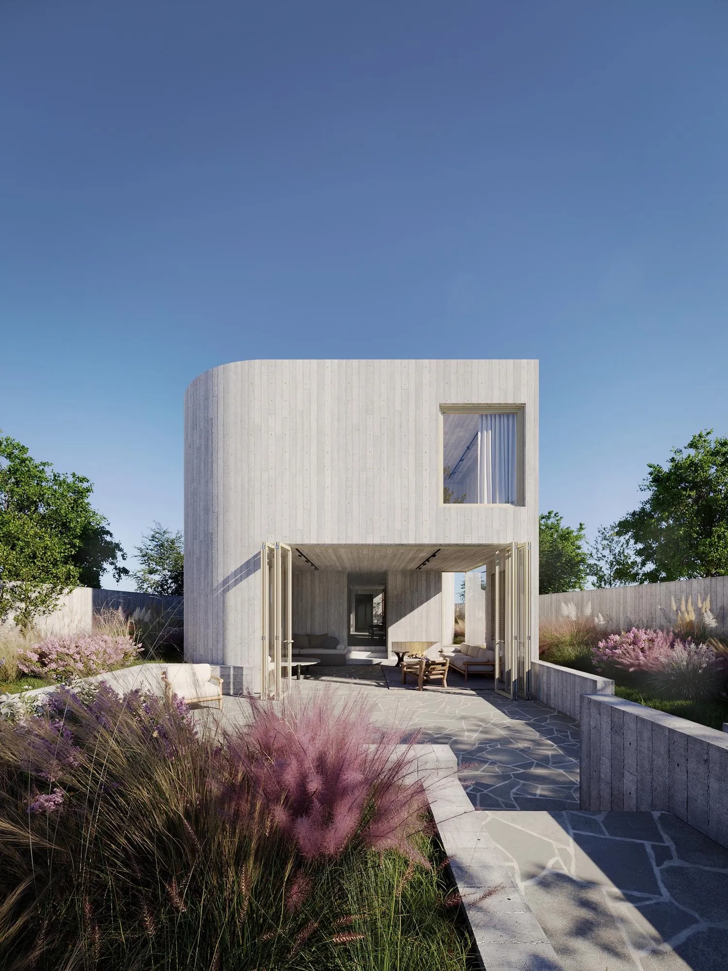 The white cubic house, path through pink grasses