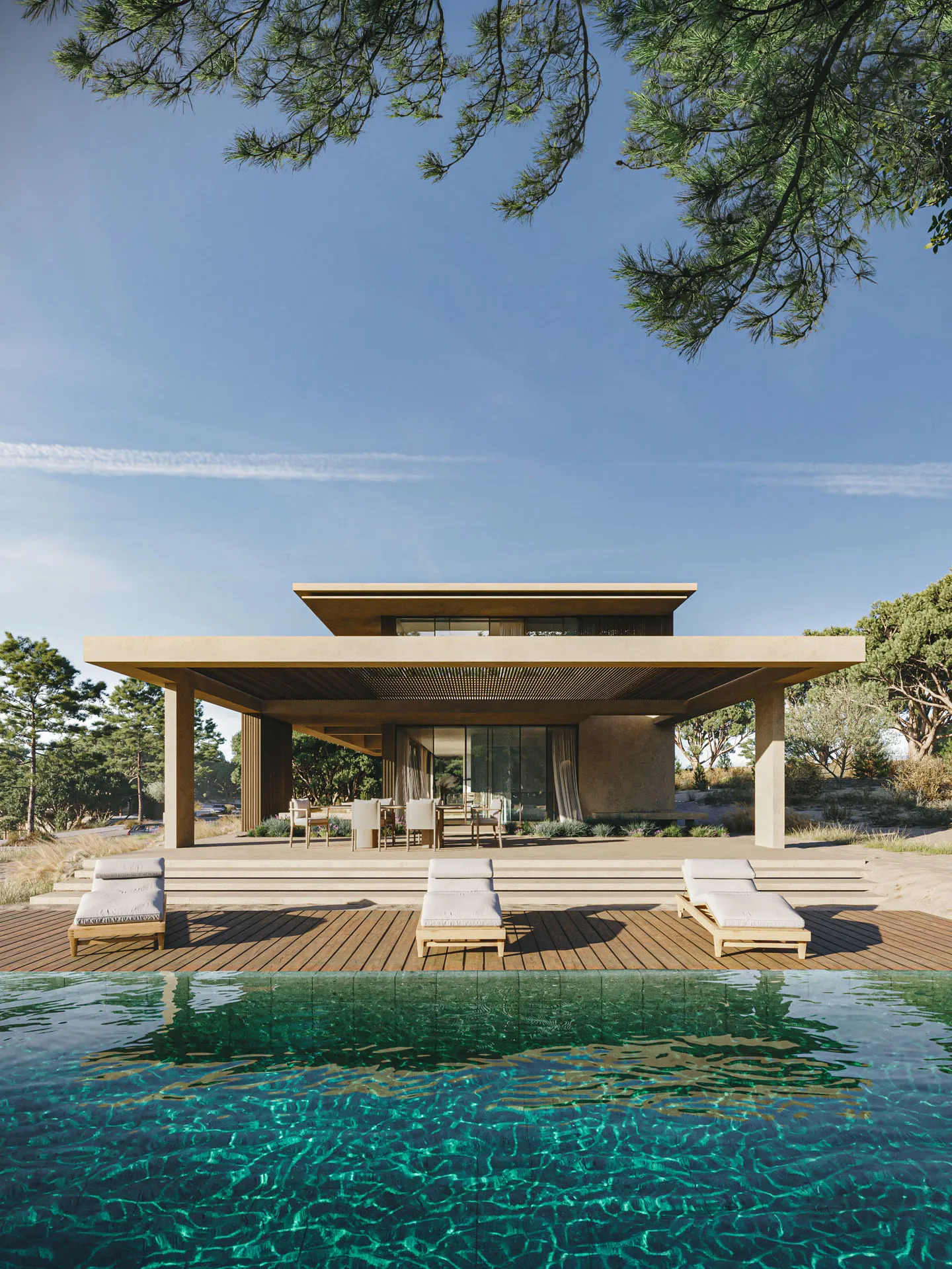 The pavilion above the green pool, seen from the water