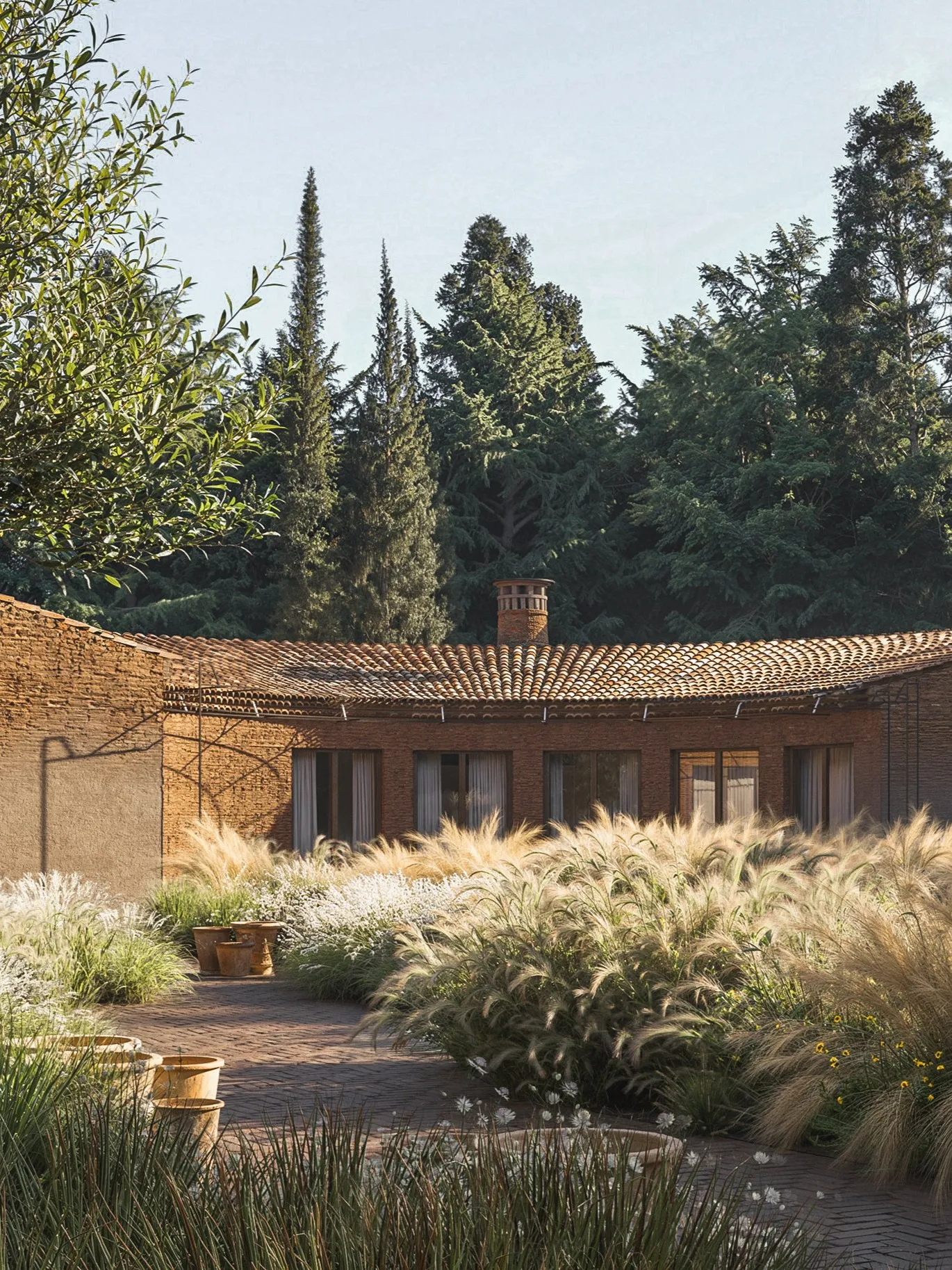 Brick house with a garden of grasses