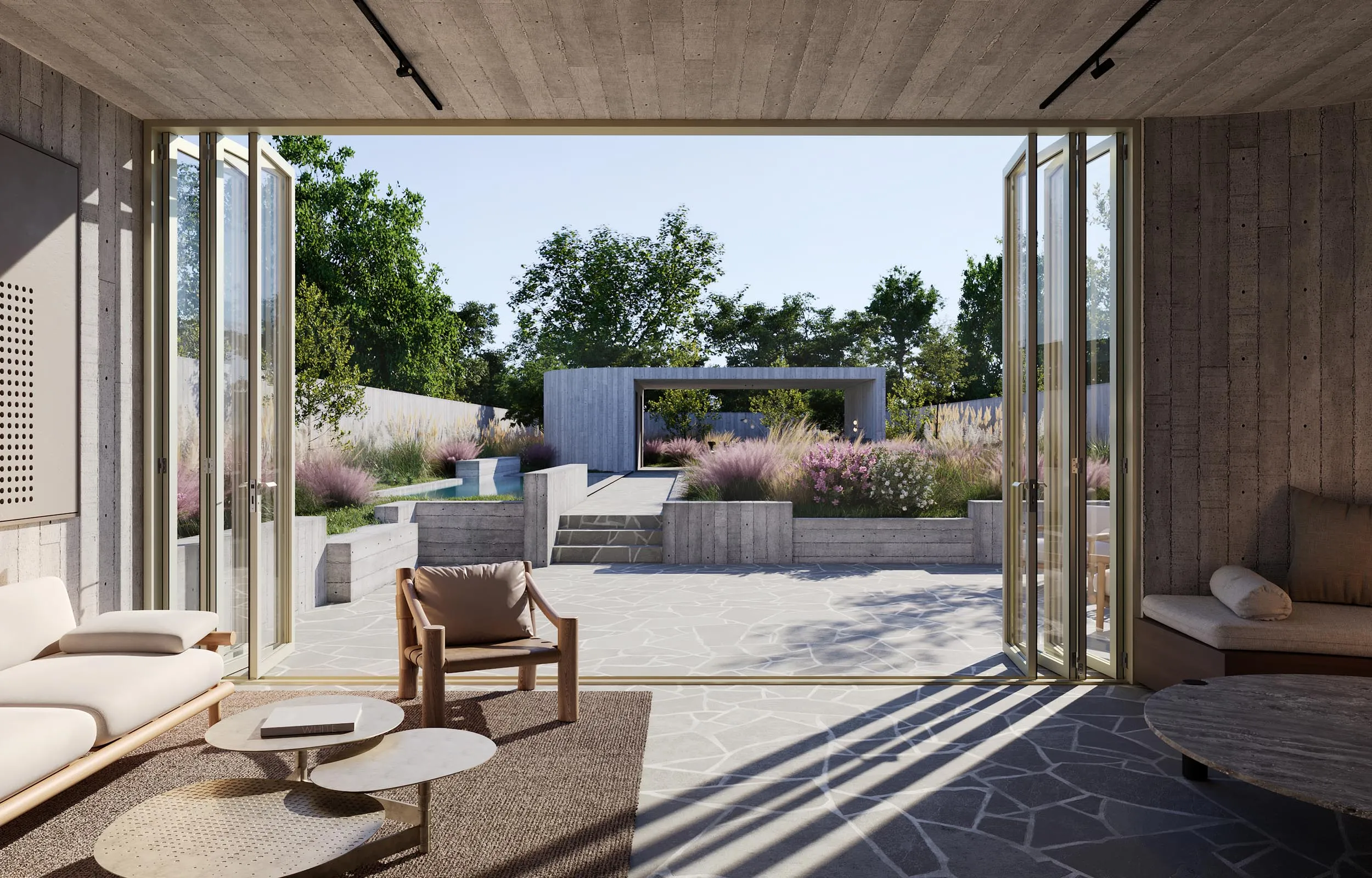 Terrace under the concrete canopy, seating