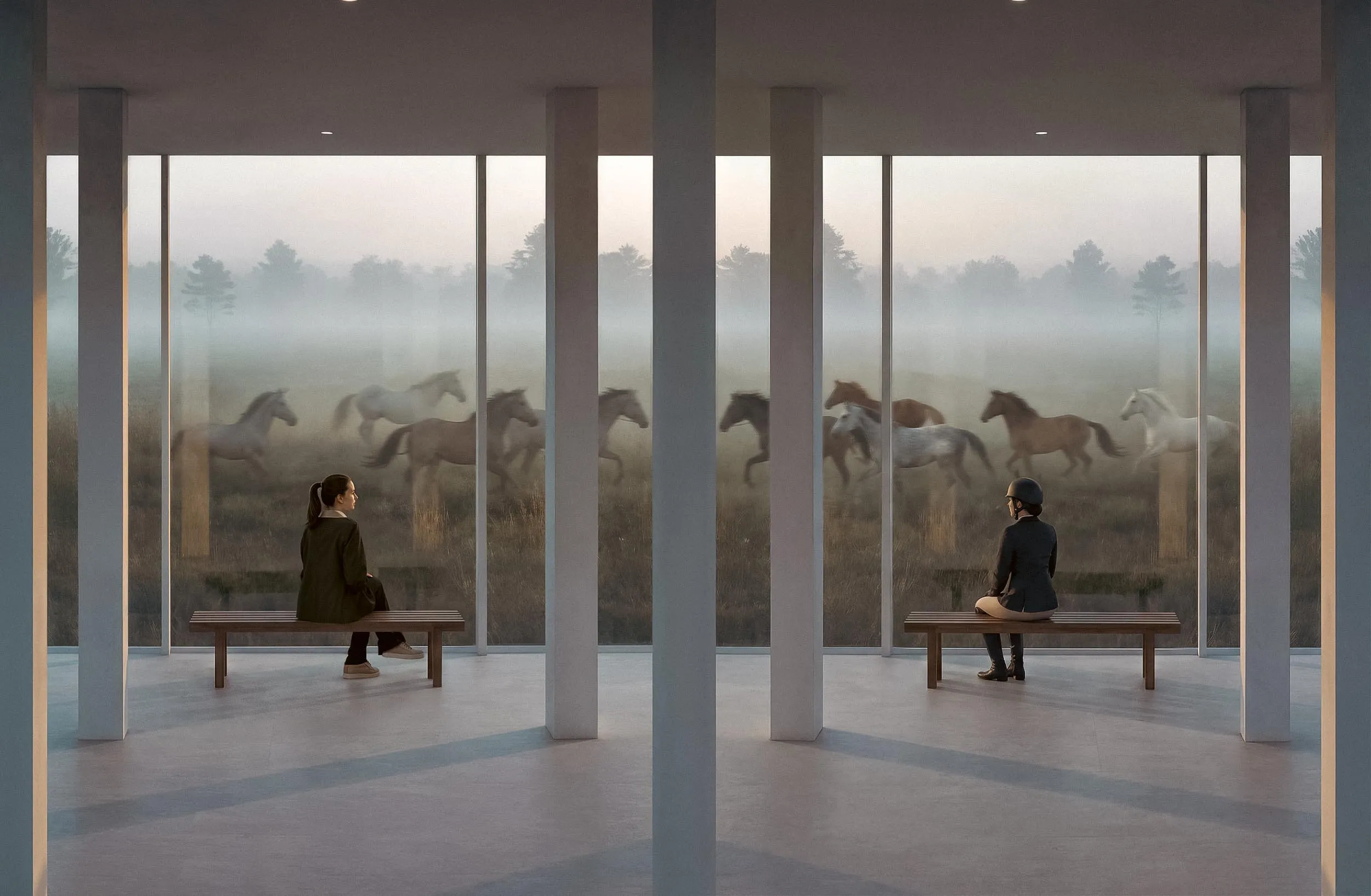 Inside the colonnade, benches, horses beyond