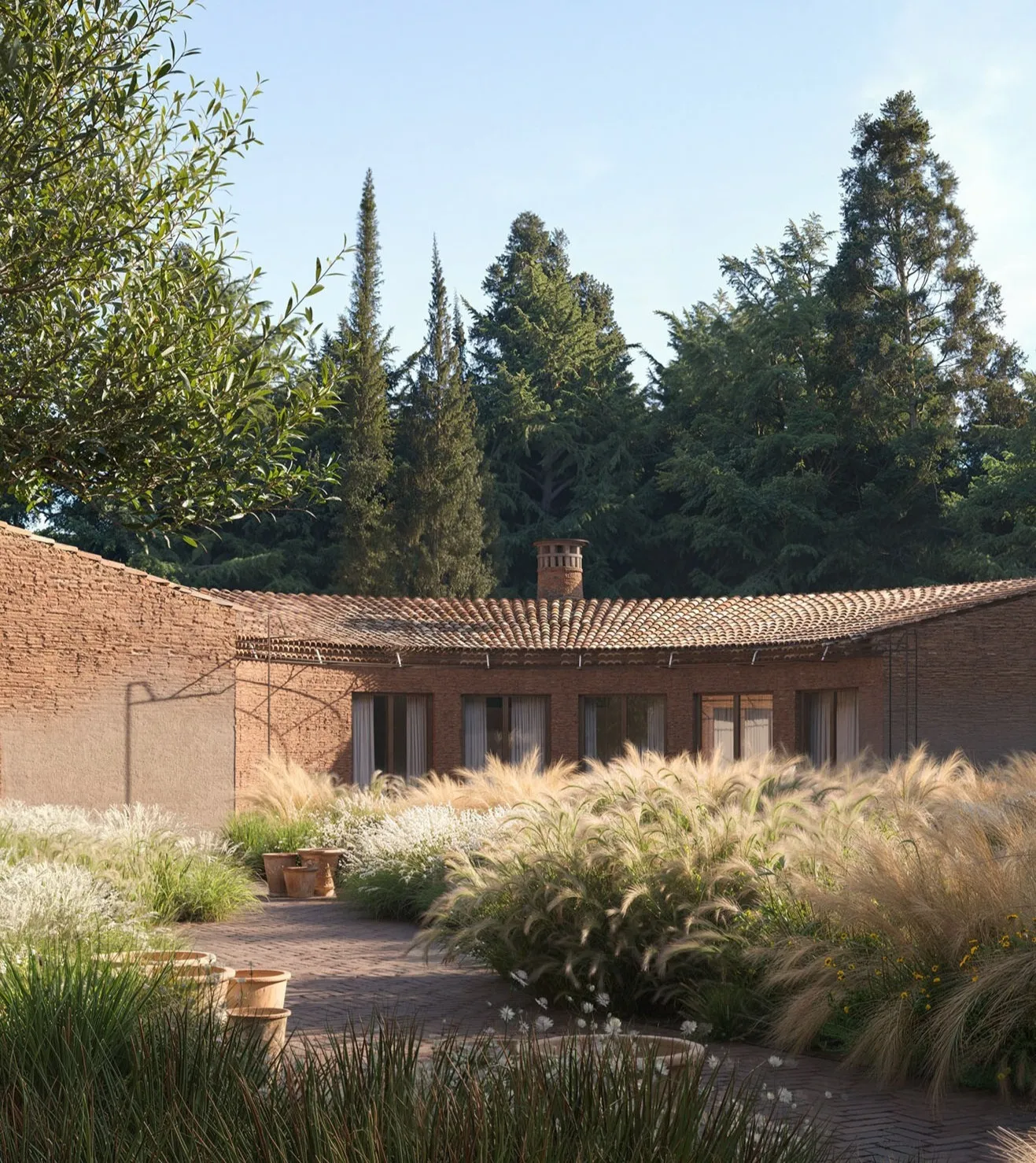 Brick house with a garden of grasses