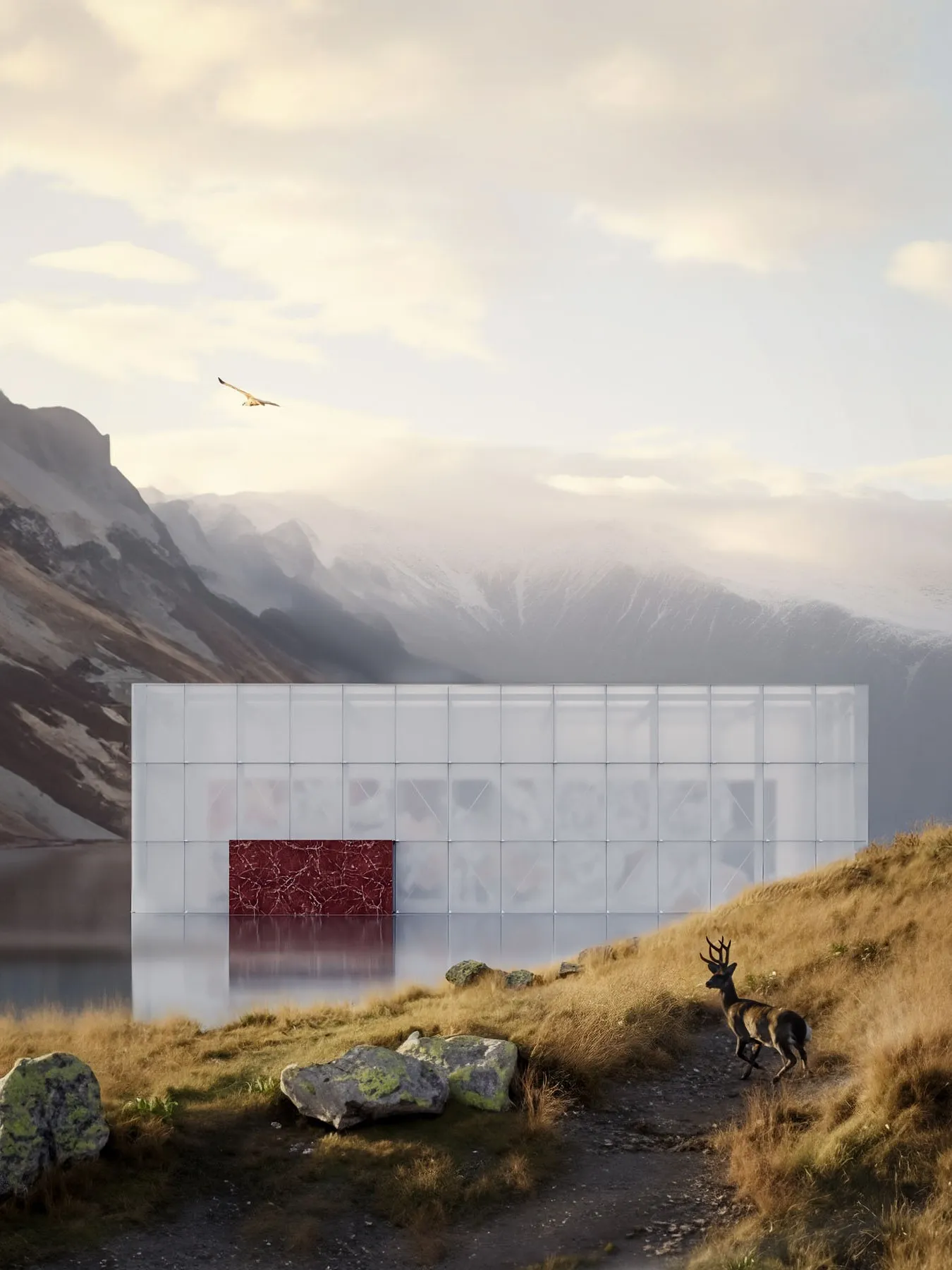 White pavilion with a red painting in the Alps