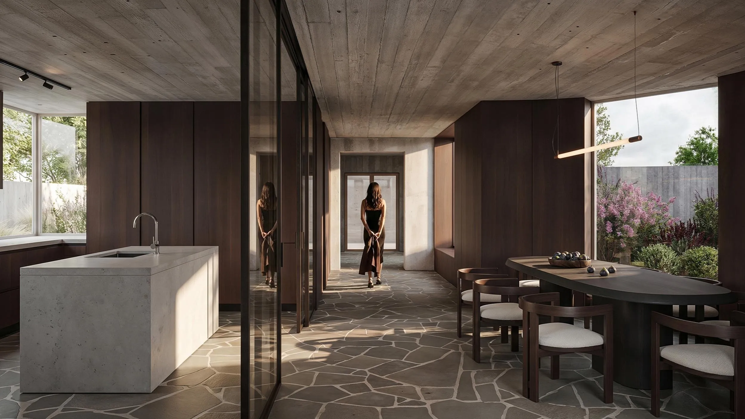 Kitchen and dining, dark timber, view through the house