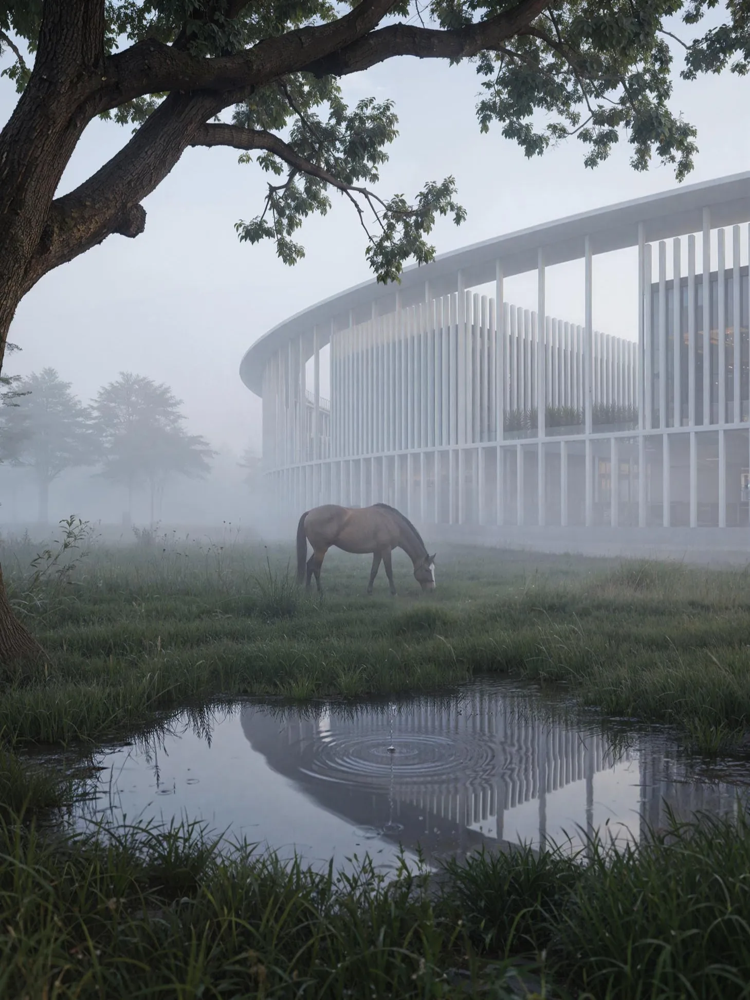 A horse under the oak, the ring reflected in the pond