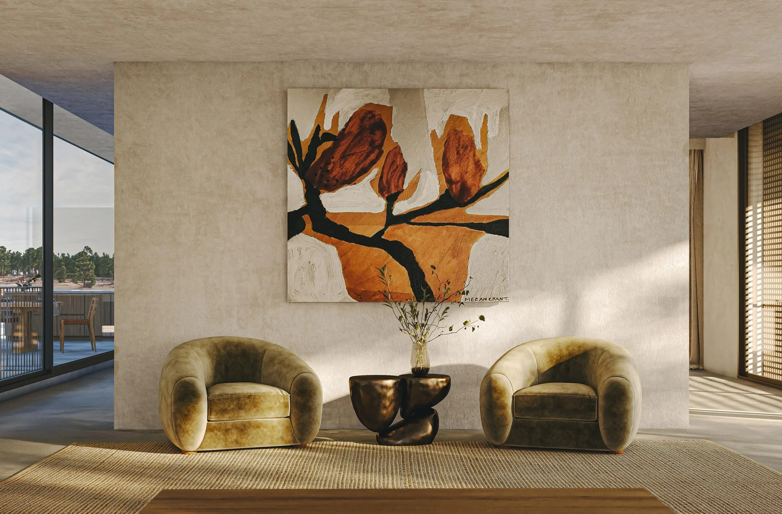 Warm interior with a painting and curved armchairs