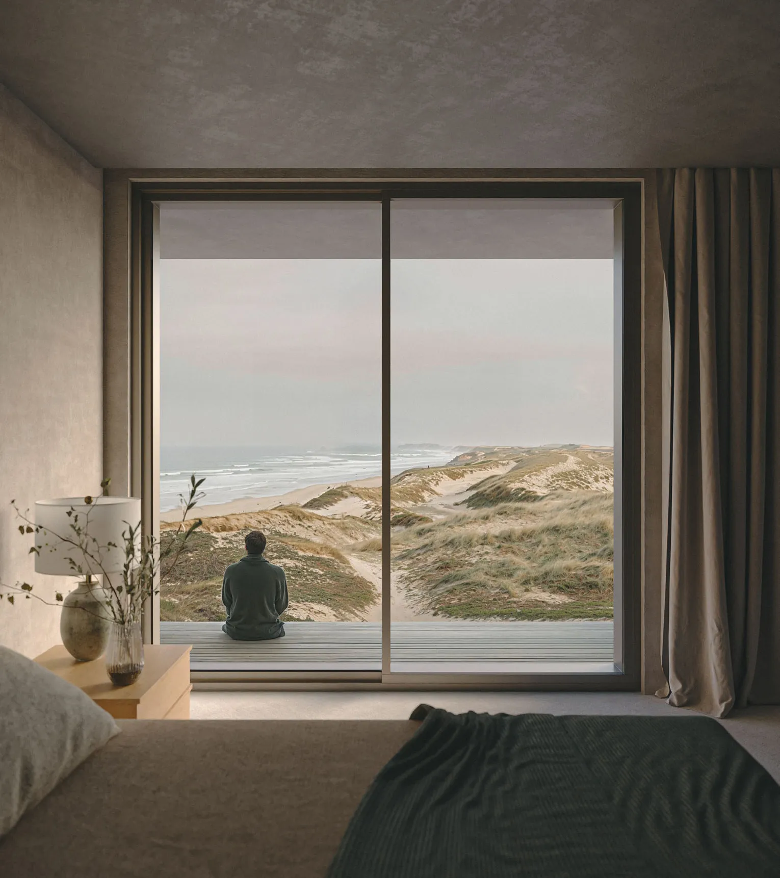 Bedroom window framing the dunes and a seated figure