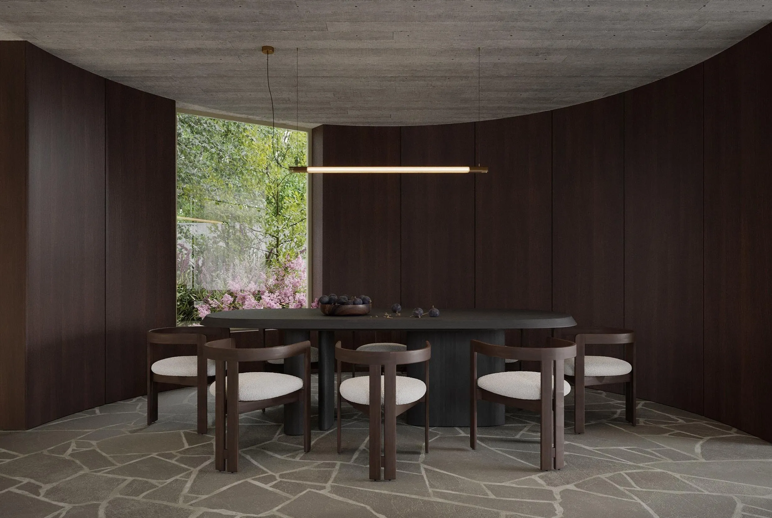 Dining table under the curved ceiling