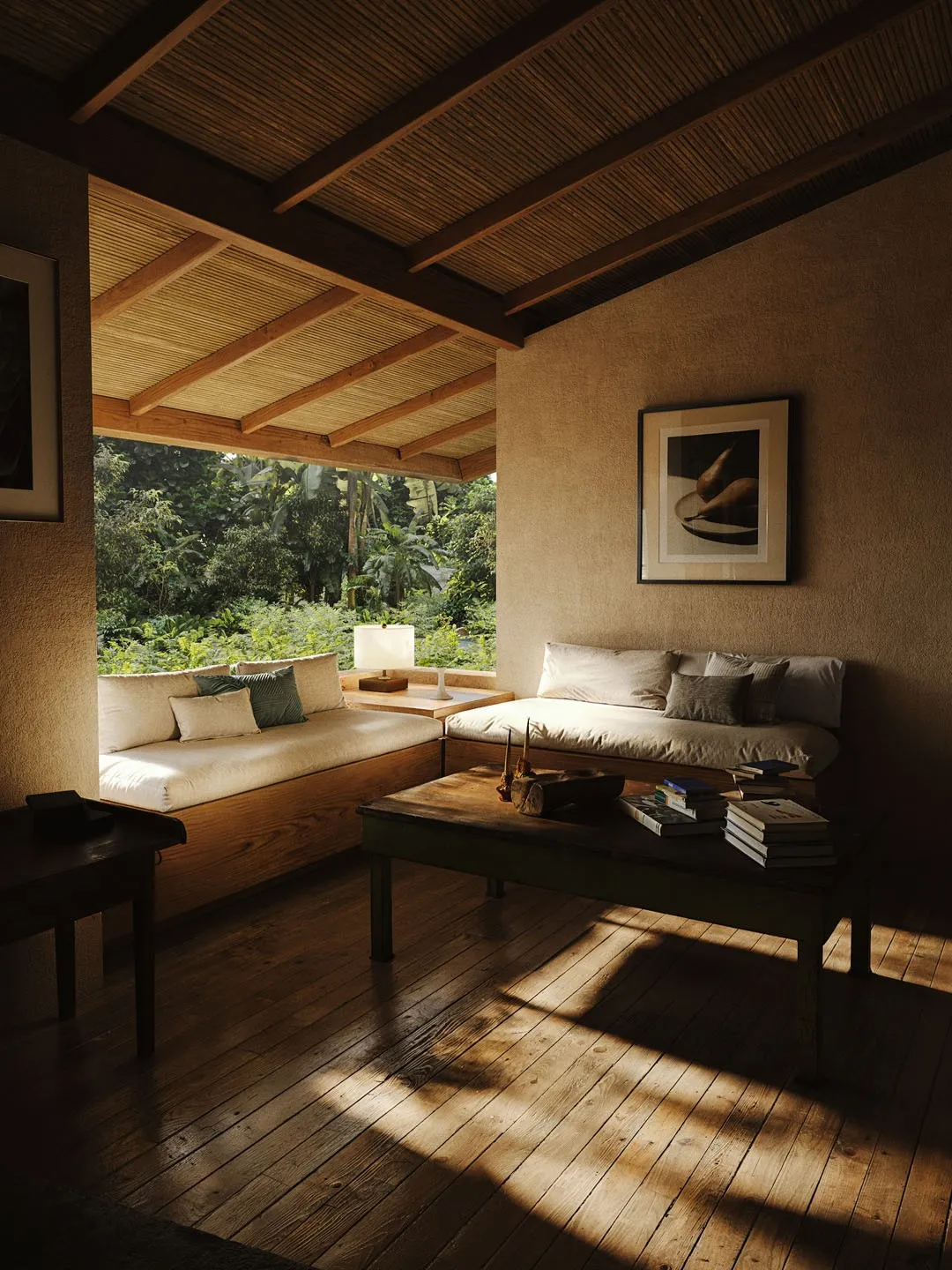 Veranda with a bamboo ceiling and a sofa