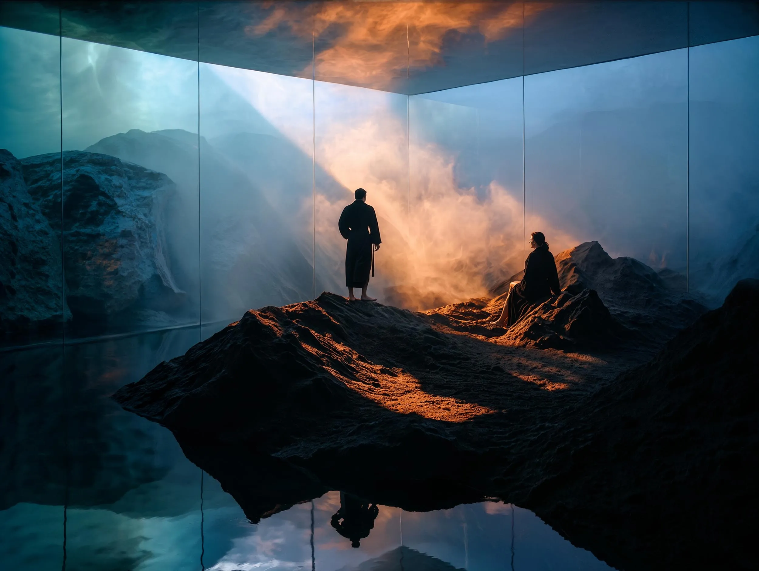 Figures around the fire in the blue chamber