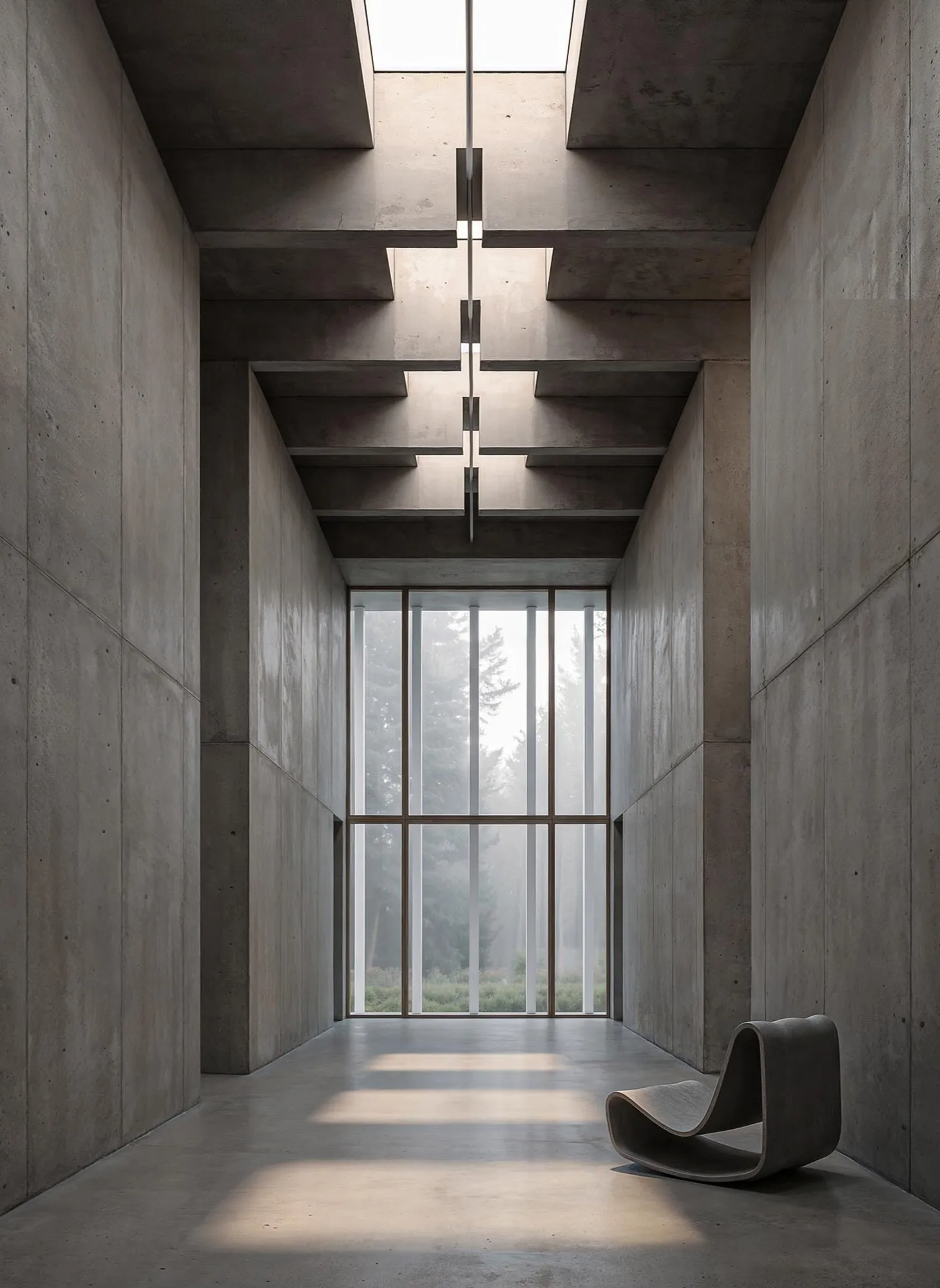 The long corridor with skylights, a chair at the end