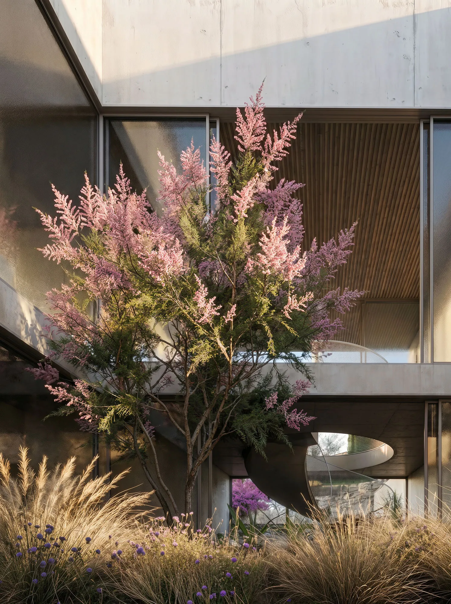 Facade through the pink tamarisk in bloom