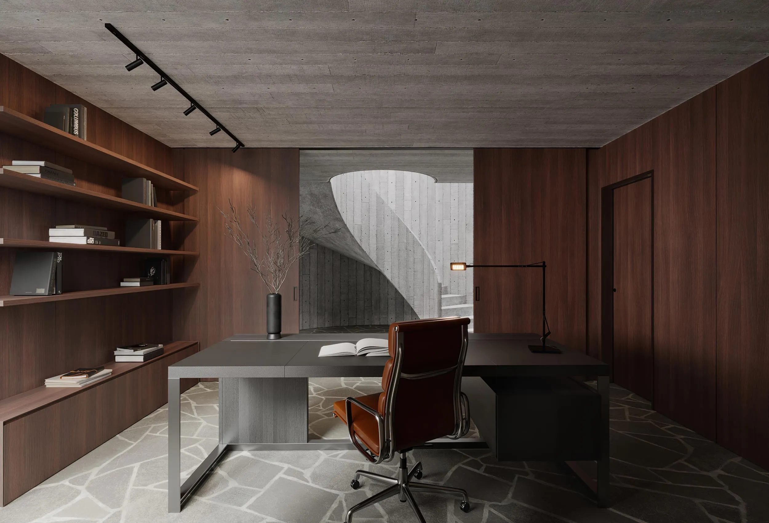 Study with bookshelves and desk, warm timber