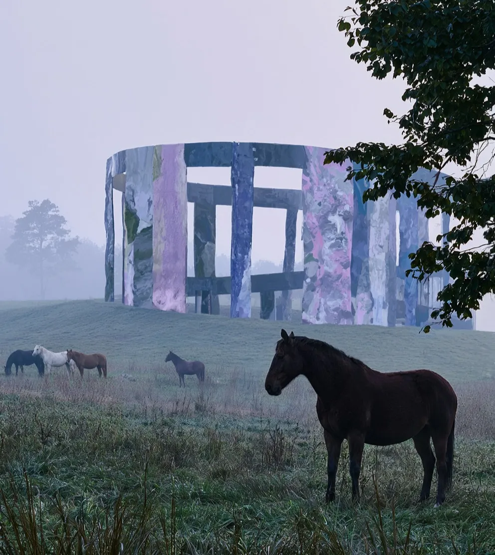 Horses in the mist in front of the ring