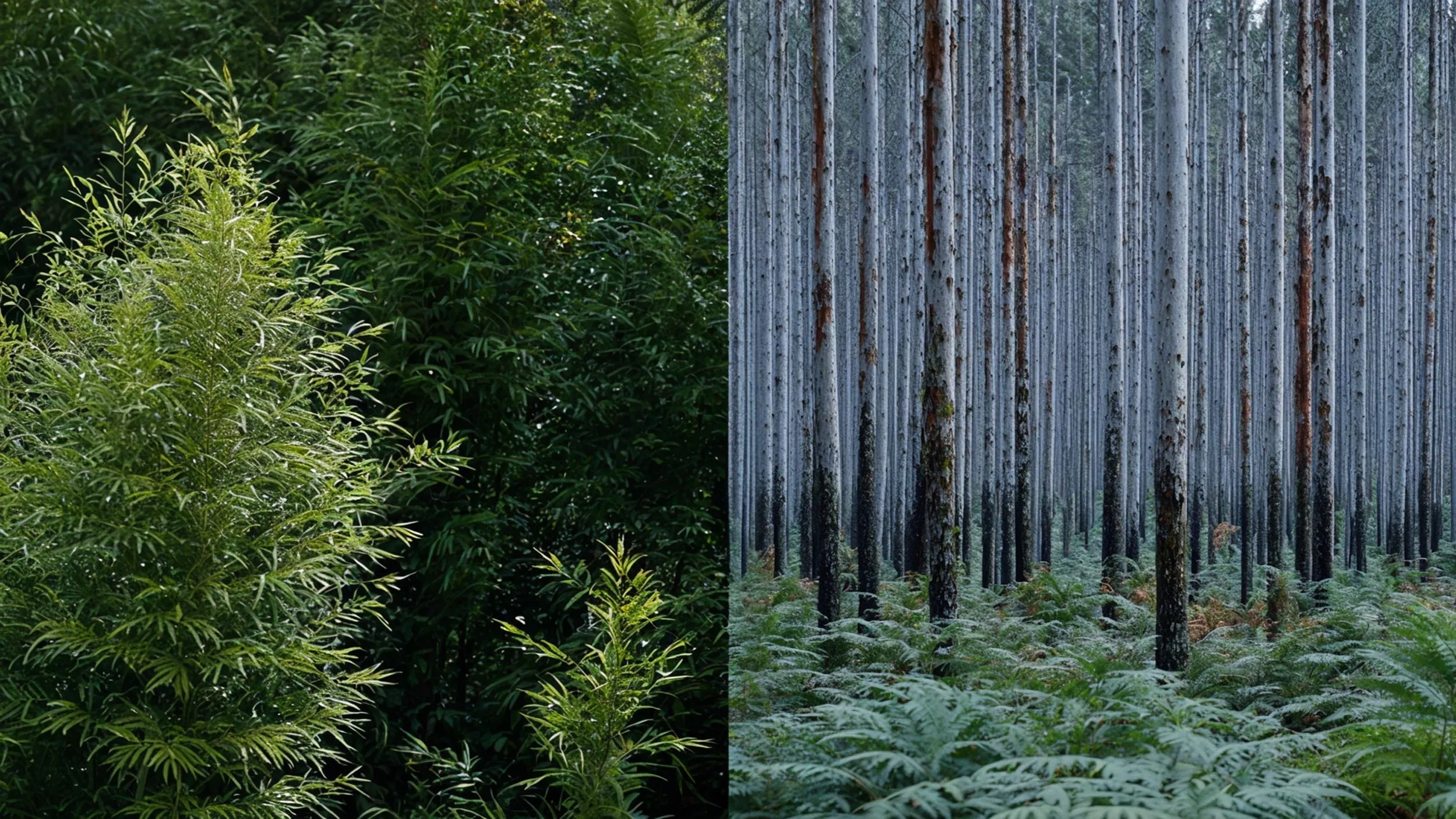Young pines and dark trunks with ferns, two scenes in one frame