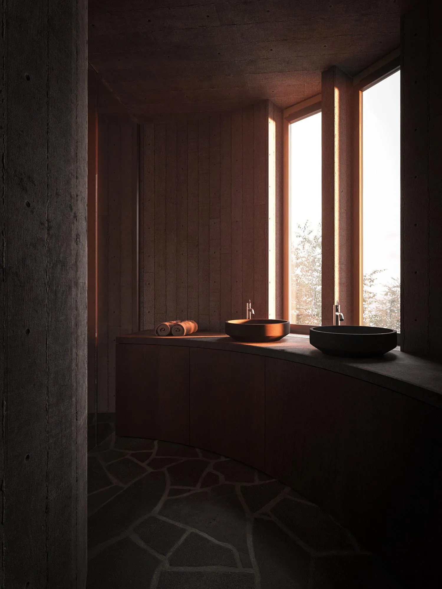 Dark room with the tall window, evening light
