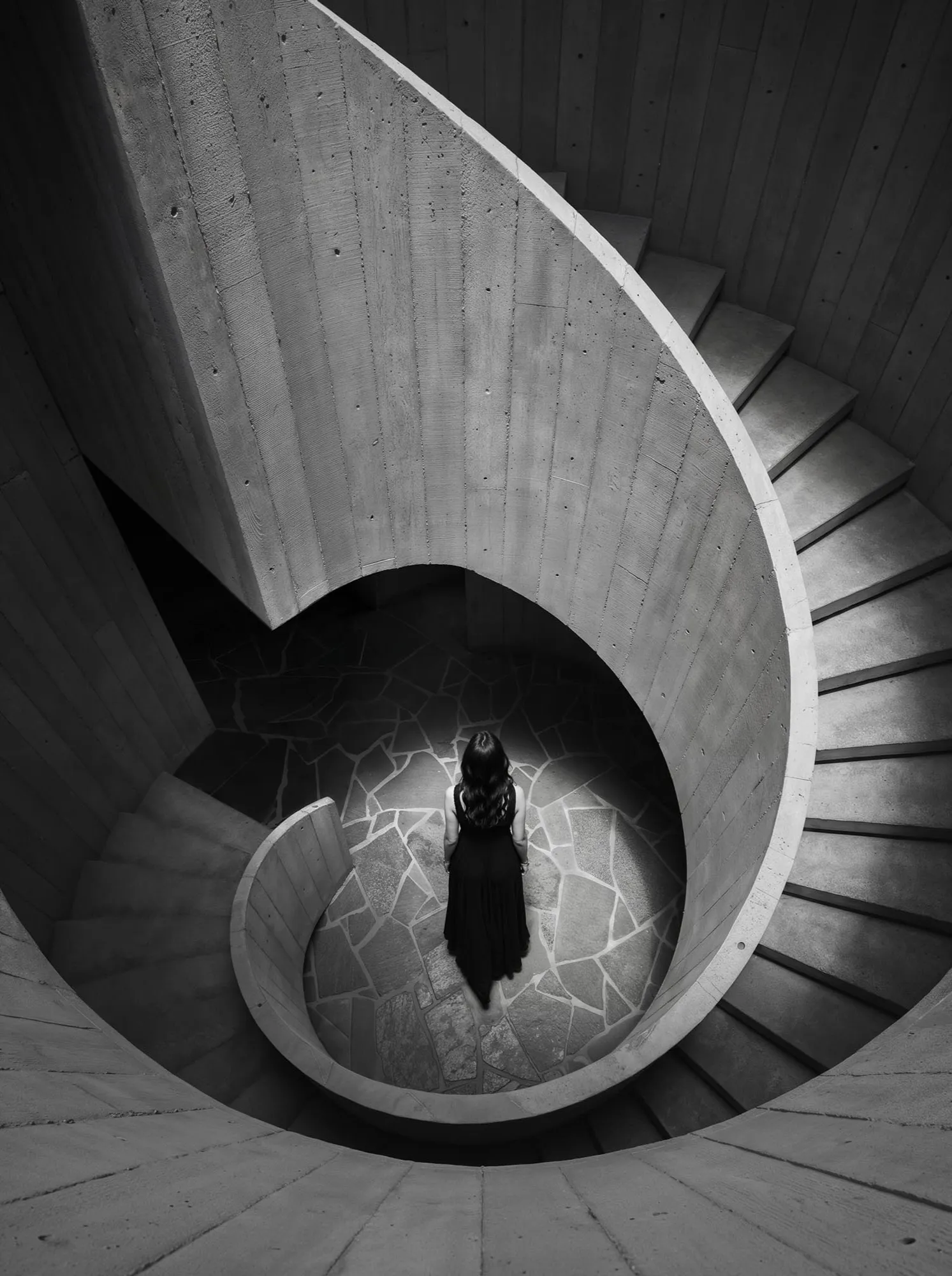 Spiral staircase from above, black and white