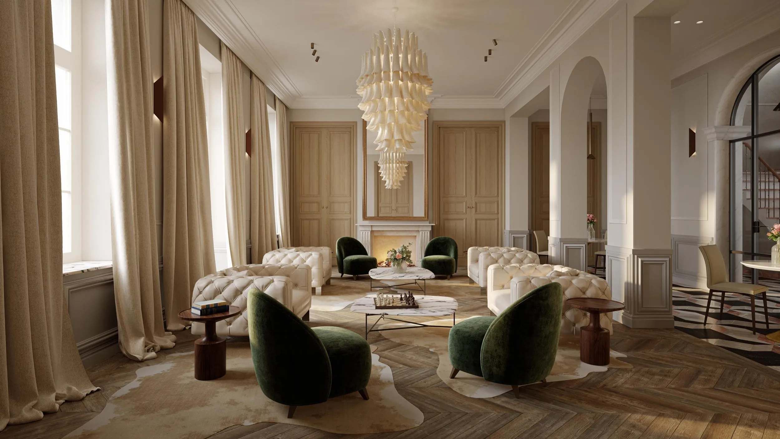 Classic salon with a chandelier and green armchairs