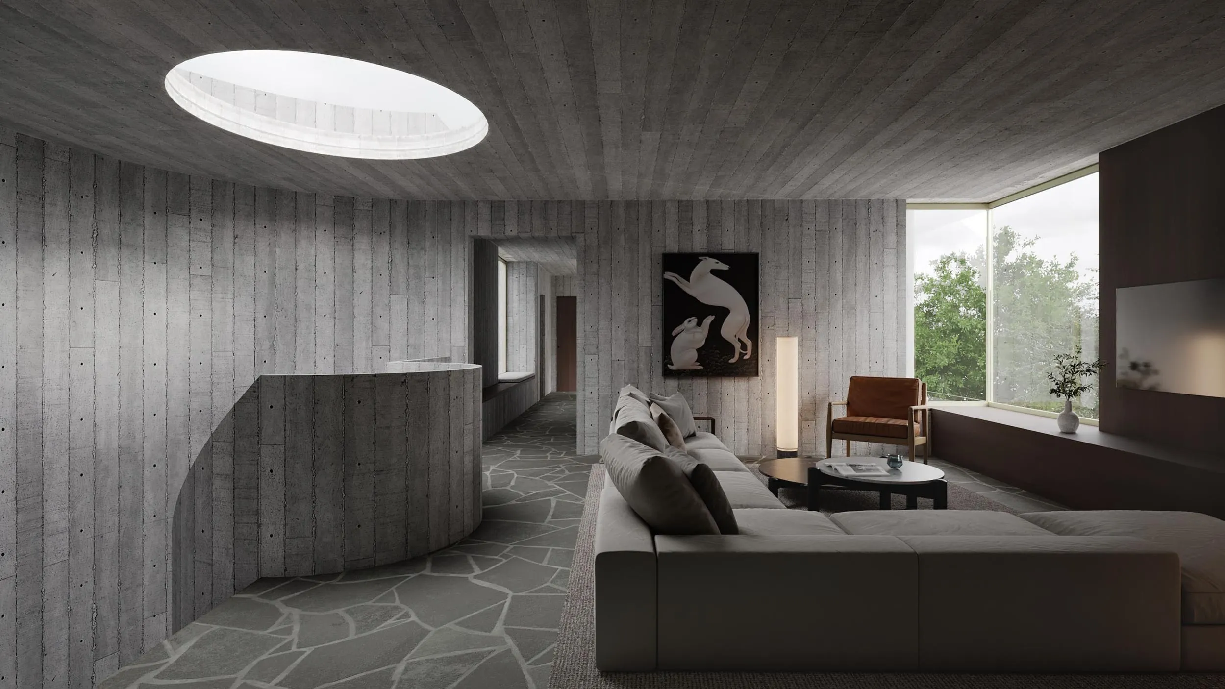 The living room under the round skylight, daytime