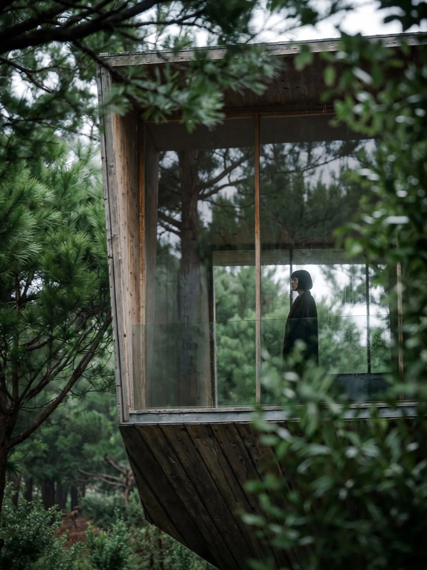 The cabin window with a figure inside, pines