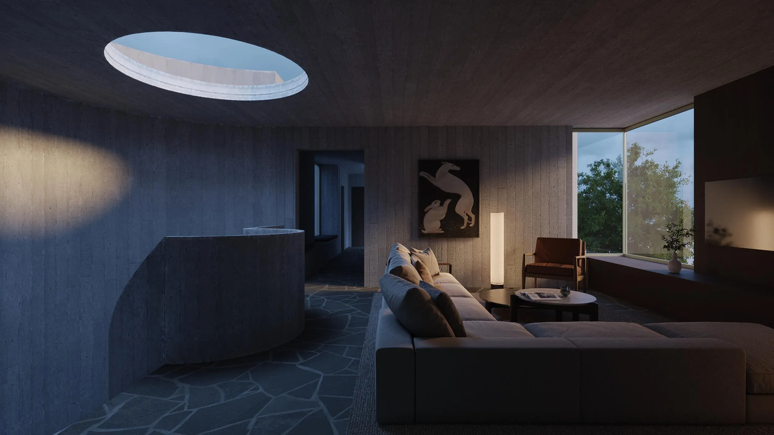 The living room under the skylight, night