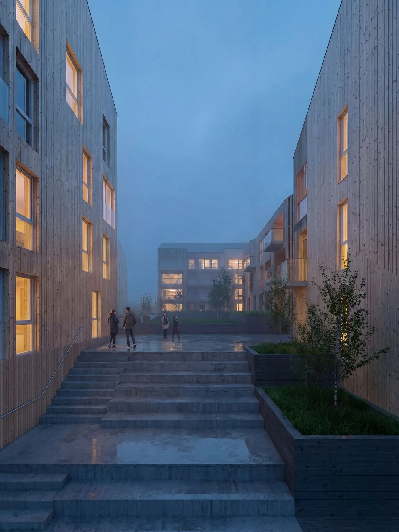 Stairs between dark timber buildings at dusk