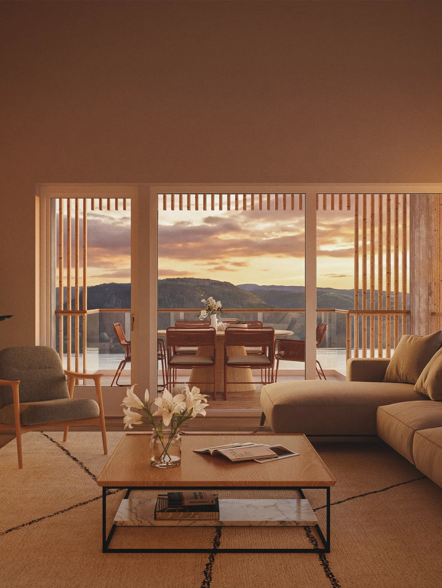 Living room with a sofa and a window at sunset