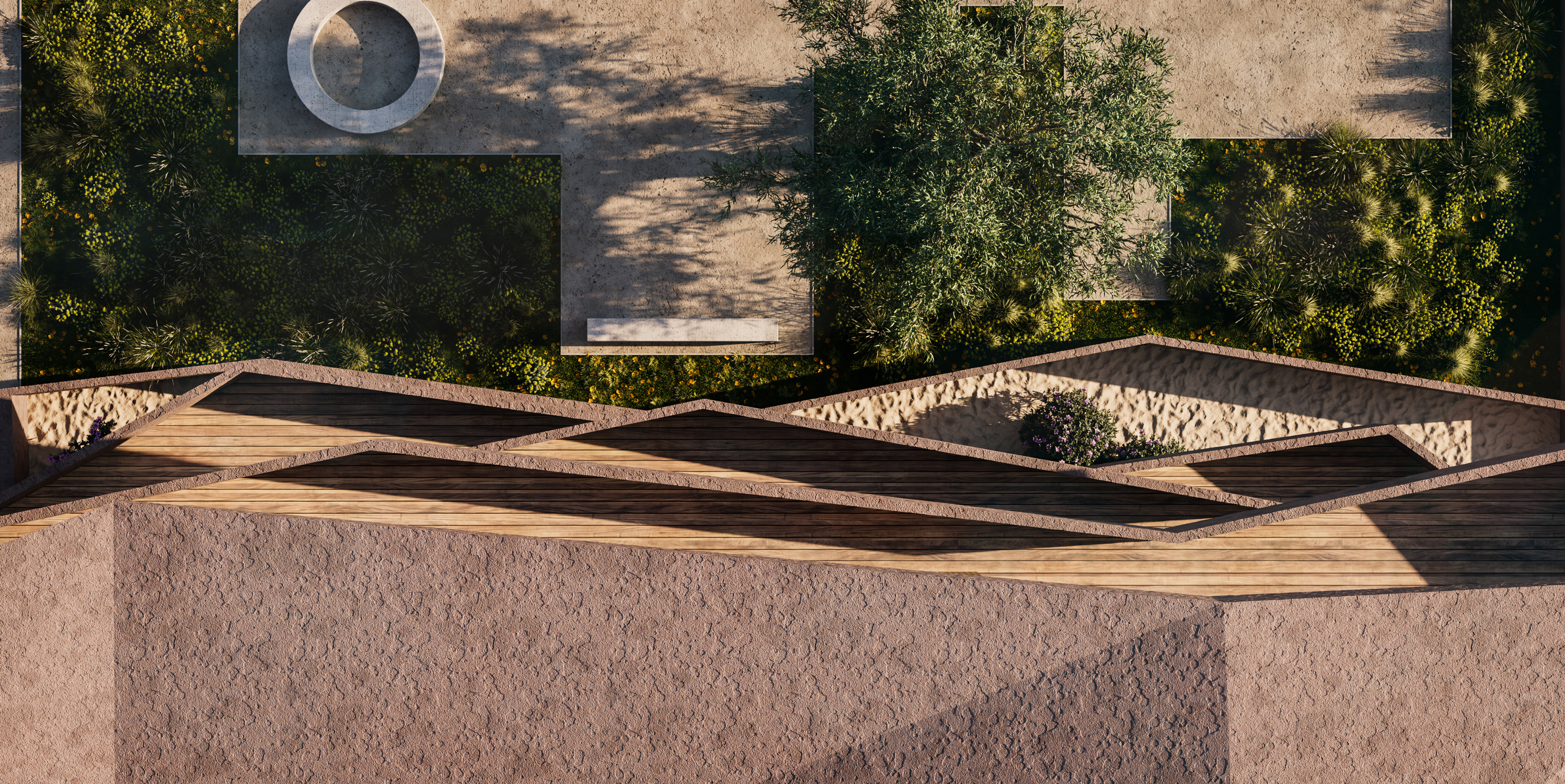 Red Block - Outdoors, facade detail, from above | GDA-V Architectural Visualization